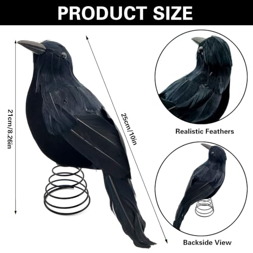 Gothic Black Feathered Crow Tree Topper with Spring Base - 10 Inch