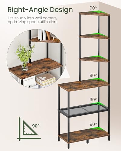 6-Tier Industrial Corner Bookshelf, Rustic Brown Storage Display Stand
