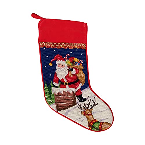 Peking Handicraft Santa Reindeer Christmas Stocking Wool Needlepoint 18 Inch
