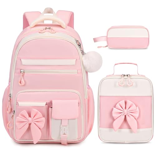 Cute Bow Girls School Backpack 3-Piece Set with Lunch Bag & Pencil Case