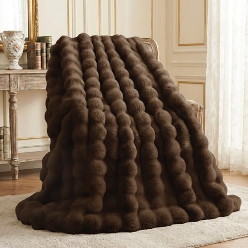 Faux Rabbit Fur Throw Blanket, 50x60 Inch Cocoa Brown Bubble Plush Throw