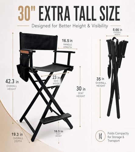 30-Inch Extra Tall Folding Director Chair, Lightweight Makeup Artist Chair