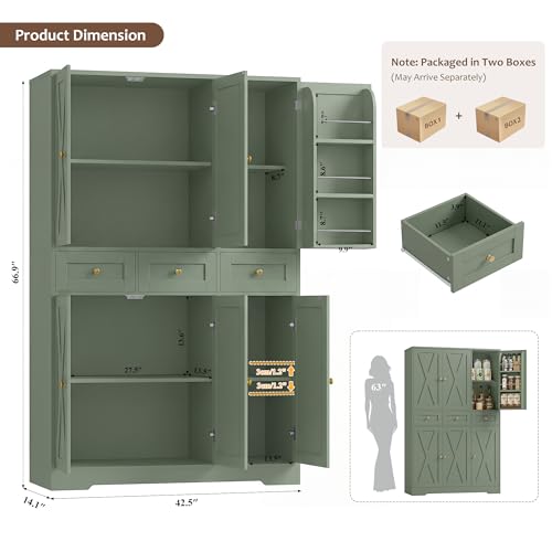 67" Farmhouse Kitchen Pantry Cabinet with Drawers, Green Storage Cupboard
