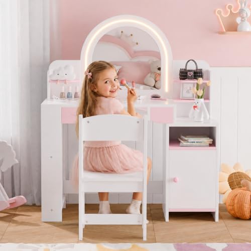Kids Vanity Table and Chair Set with LED Lighted Mirror and Storage