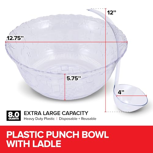8-Quart Large Plastic Punch Bowl Set with Ladle - Crystal Clear