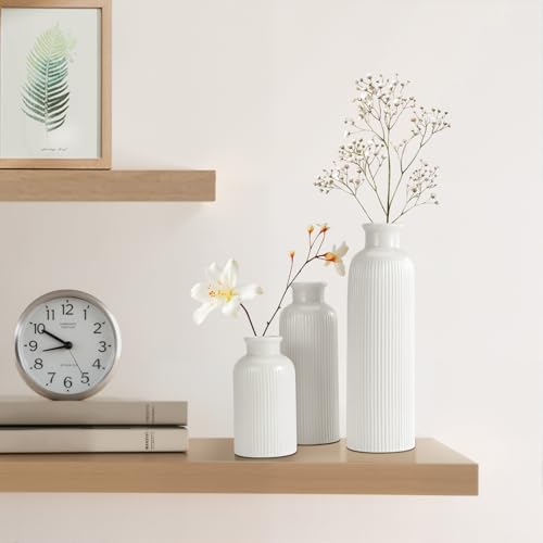 Small White Ceramic Vase Set of 3 - Modern Boho Farmhouse Home Decor