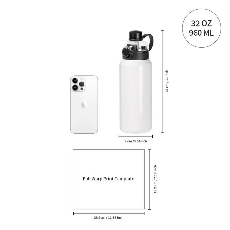 PYD Life 4 Pack Sublimation Sports Water Bottle Blanks 32 OZ 960 ML White Tumblers Cups Vacuum Flask Jug with Straw Spout Pop Lid and Silicone Handle for Sublimation Printing