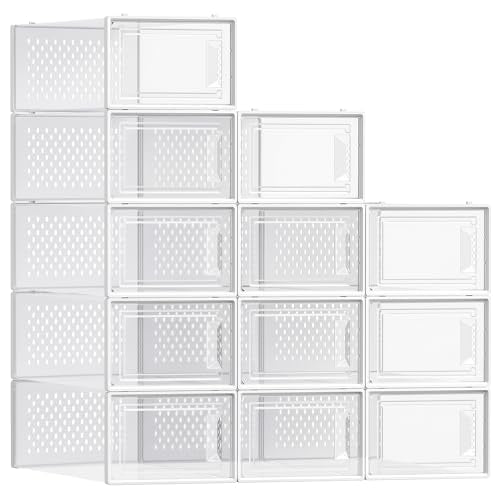 Stackable Clear Plastic Shoe Boxes (Pack of 12) - Closet Storage Organizers