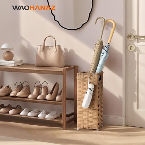 Hand-Woven Rattan Umbrella Stand with Drip Tray and Hooks, 16.5-inch