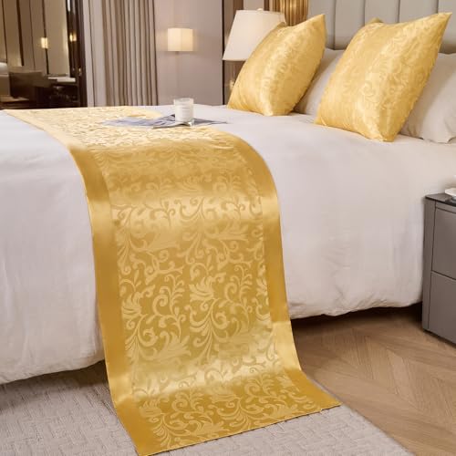 Gold Satin King Size Bed Runner - Luxury Jacquard Bed Scarf (50x240cm)