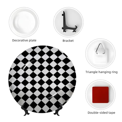 Checkered Bone China Decorative Plate with Stand, Modern Wall Art Decor