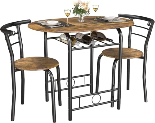 3-Piece Round Kitchen Dining Table Set with Built-in Wine Rack
