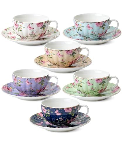 Midnight Florals Porcelain Tea Cups & Saucers Set of 6 - 7 oz, Brew To A Tea