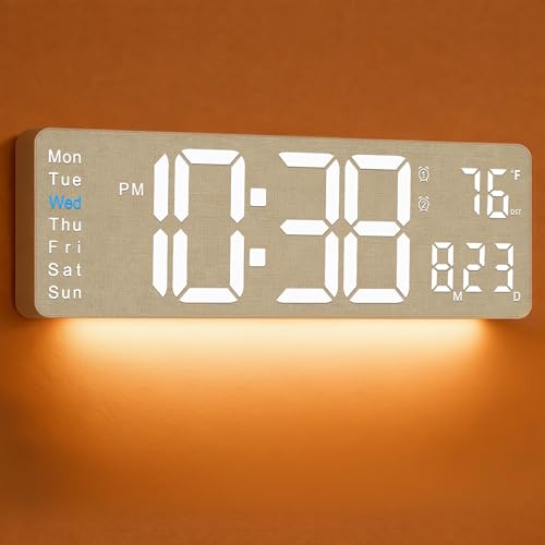 16-Inch Large Digital Wall Clock with Remote, Fabric Texture & Night Light