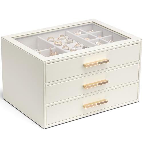 3-Drawer Jewelry Box with Glass Lid - Leather Jewelry Organizer for Women