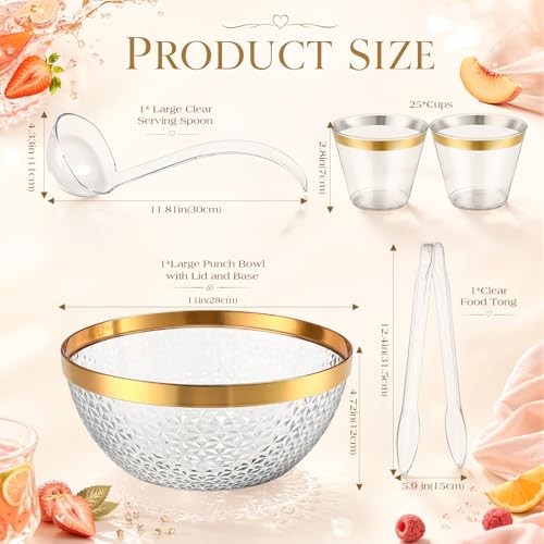 1.4 Gallon Gold Trim Punch Bowl Set with 25 Cups, Ladle and Tongs