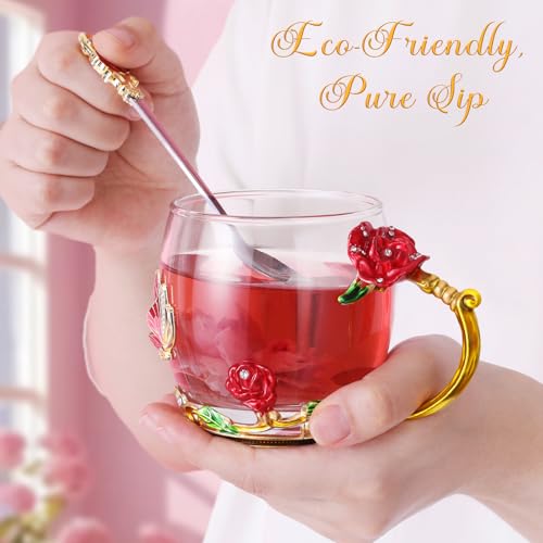 MNZZ Women's Short Red Glass Tea Coffee Mug Set with Spoon - Gift Idea