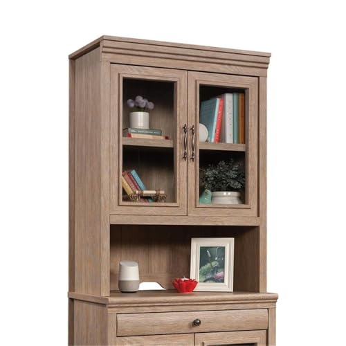 Engineered Wood Library Hutch with Glass Doors in Brushed Oak Finish