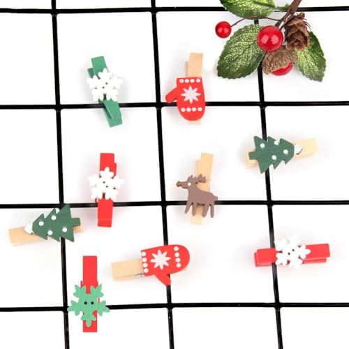 50pcs Red & Green Snowflake Mini Clothespins - Wooden Photo Clips for Christmas Cards & Crafts