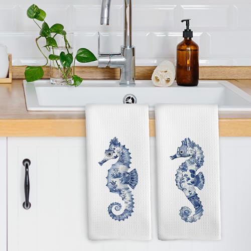 Summer22 Coastal Seahorse Kitchen Dish Towels Set of 2 - Blue & White Chinoiserie Decor