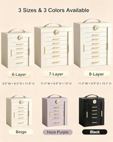 6-Layer Large Jewelry Box Organizer with 5 Drawers, Mirror and Lock, Beige