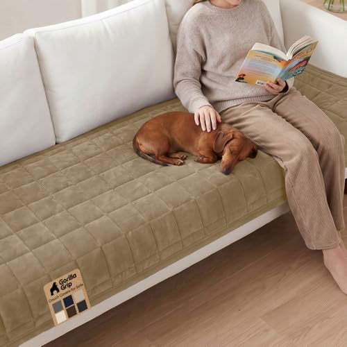 Plush Quilted Sofa Cushion Cover - Slip & Leak Resistant, 70x28 Inches, Beige