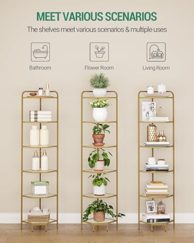 6-Tier Corner Shelf with Tempered Glass and Gold Steel Frame