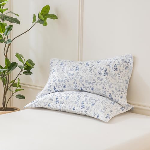 Floral King Pillow Shams Set of 2, 20x36 Blue and White Quilted Cotton
