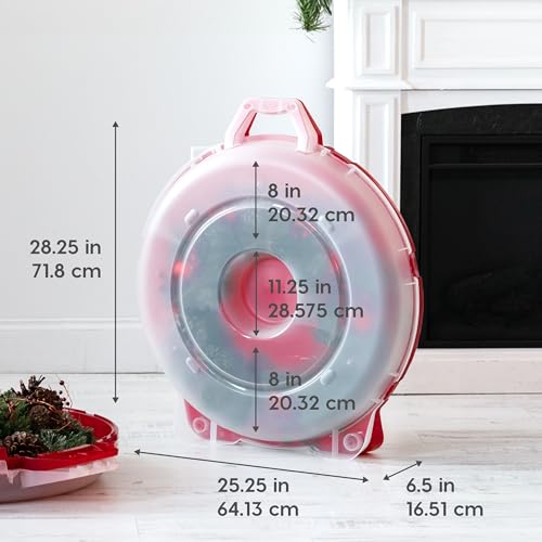 IRIS USA 2-Pack 24-Inch Wreath Storage Containers with Latches - Round, Clear/Red