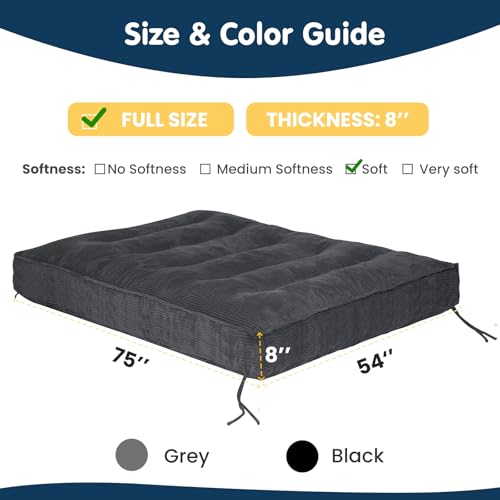 8-Inch Full Size Futon Mattress, Foldable Floor Sofa Bed in Grey Corduroy