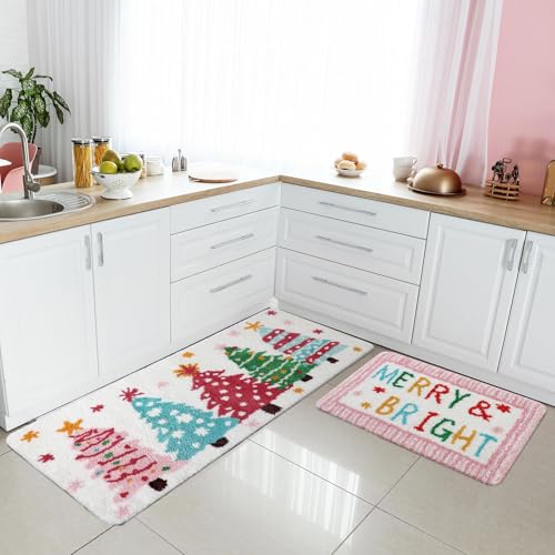 Pink Christmas Tree Bathroom Mat Set - 2 Piece Holiday Rug Decor - Christmas Tree Variation