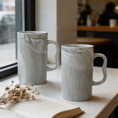 NBABSR 20 oz Grey Marble Mugs Set of 2 with Large M-Handle - Porcelain Coffee Tea Cups 600ml