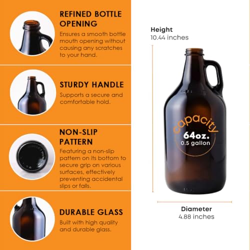 Amber Glass Growler Jugs 64oz with Polyseal Caps 2 Pack