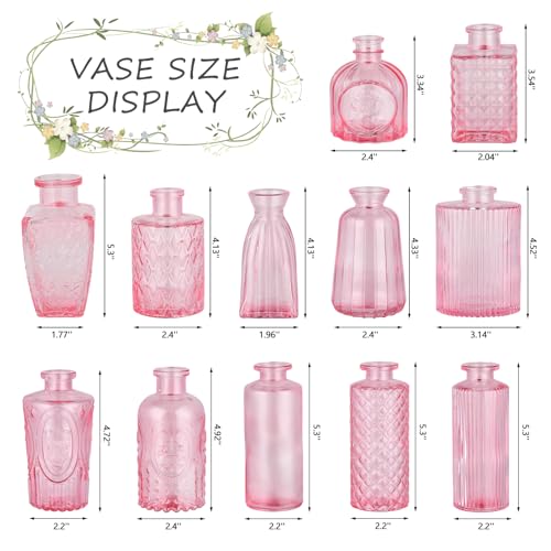 12 Pack Pink Glass Bud Vases - Small Vintage Flower Vases for Centerpieces