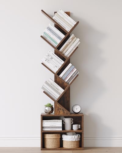 6-Tier Tree Bookshelf with Cabinet, Tall Narrow Standing Bookcase