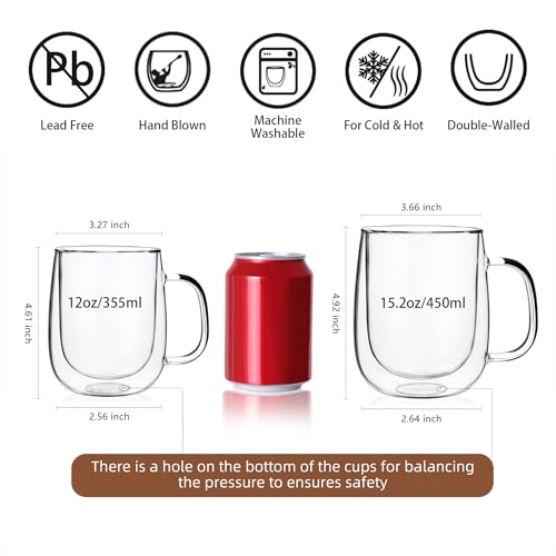 12oz Double Wall Glass Coffee Mugs Set of 4 - Insulated Handled Espresso, Latte & Tea Cups