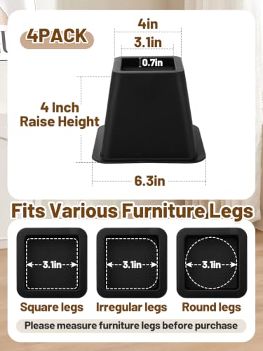 Heavy Duty 4-Inch Bed & Furniture Risers (4 Pack, 3000 lbs Capacity)