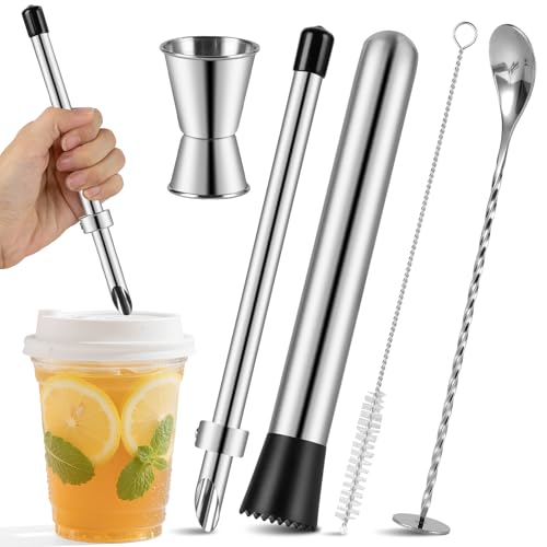 5-Piece Stainless Steel Lemonade Drink Making Set with Straw Puncher, Muddler & More