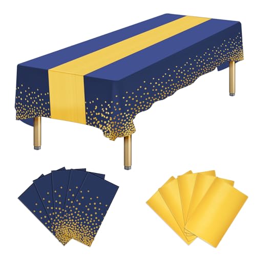 Ammbeetty 10 Packs Blue & Gold Disposable Tablecloths and Satin Table Runners