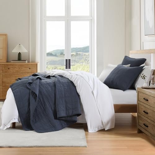 100% Cotton Quilt Set Twin Size - Pre-Washed Denim Blue Bedspread with Sham