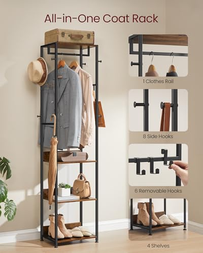 Industrial Freestanding Hall Tree with Storage Shelves and Hanging Rail