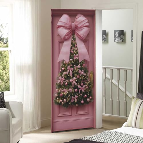 Burbuja 35 x 79 in Pink Bow Christmas Door Cover - Stretch Fabric Backdrop for Home Holiday Decor