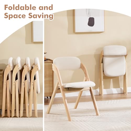 Set of 4 Wooden Folding Dining Chairs with Padded Linen Cushions, Beige