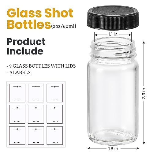 LANDNEOO 9 Pack 2oz Glass Shot Bottles with Black Lids & Labels – Travel-Friendly, Leakproof, Reusable Small Jars