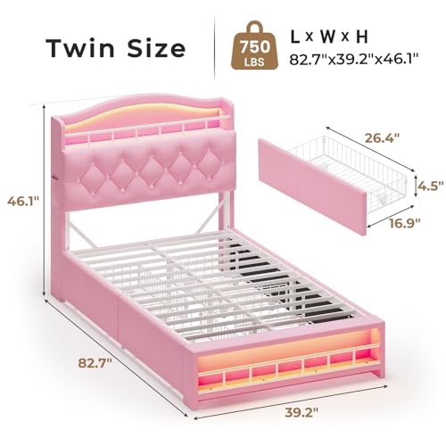 Twin Upholstered Bed Frame with LED Lights, 4 Drawers & Charging Station