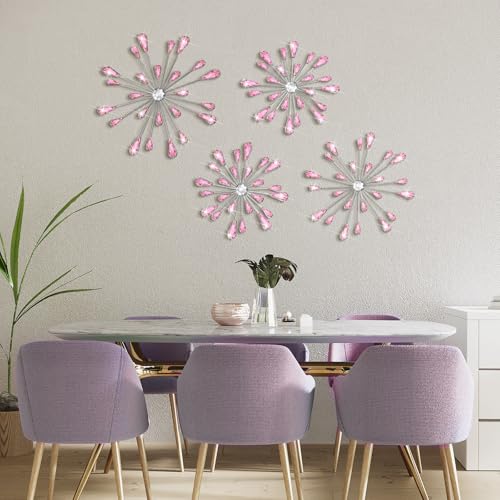 4-Piece Pink Starburst Metal Wall Art Set - 3D Rhinestone Decorative Accents