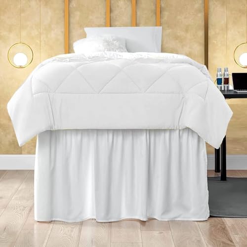 Twin XL Dorm Bed Skirt with 46-Inch Drop & Split Corners - White Dust Ruffle