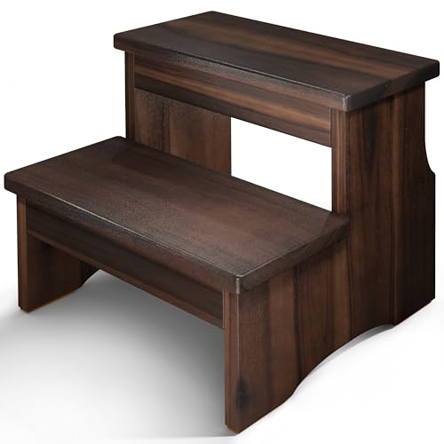 Two-Step Acacia Wood Stool - Heavy Duty Bedside Step Stool, 450 lbs
