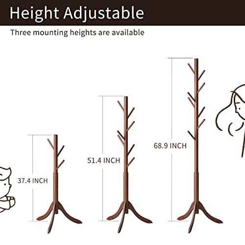 Adjustable Bamboo Freestanding Coat Rack with 8 Hooks for Entryway