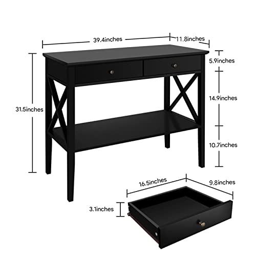 39-Inch Narrow Console Table with Drawers and Storage Shelf, Black